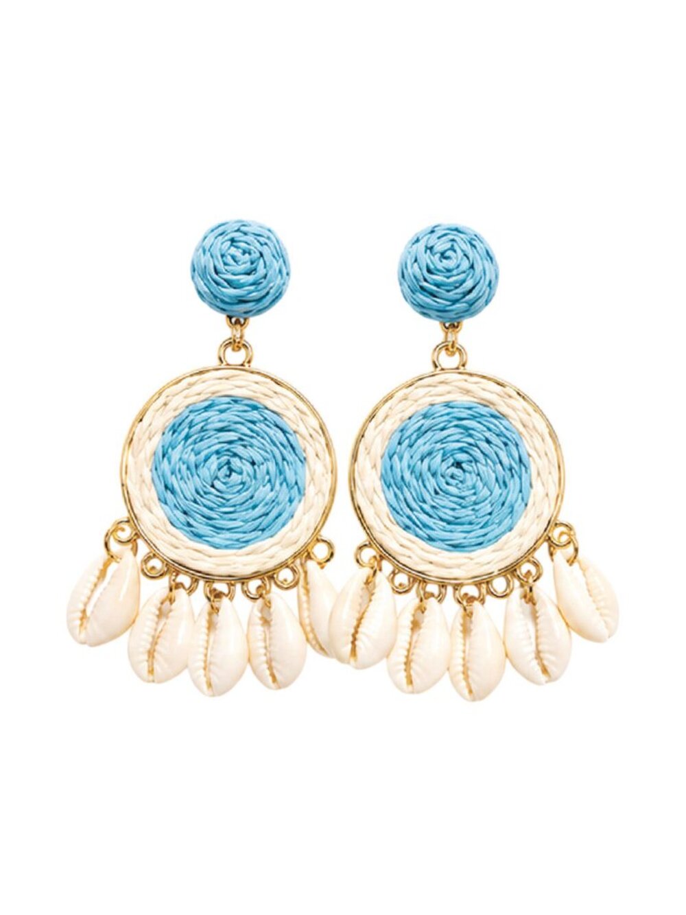 Tigerstars Bold Blue Woven Raffia Disc Shell Charm Drop Statement Earrings